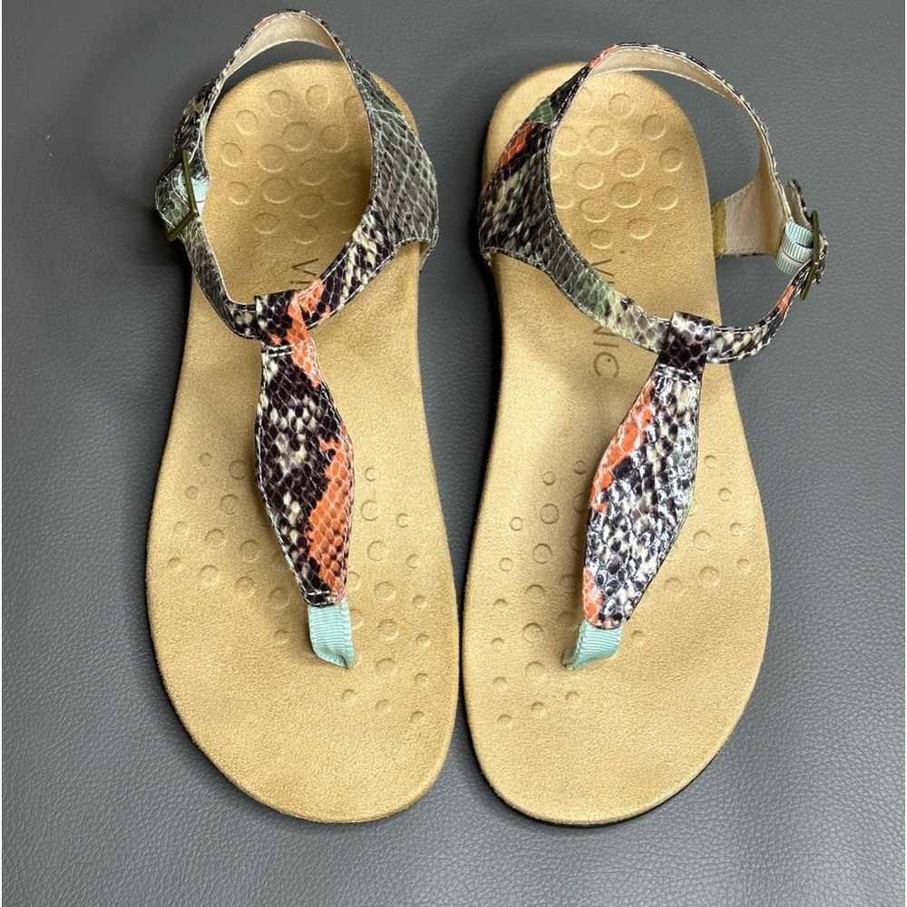Vionic Snakeskin Pattern Leather T-Strap Multicolored Sandals Size 8 - Picture 3 of 13